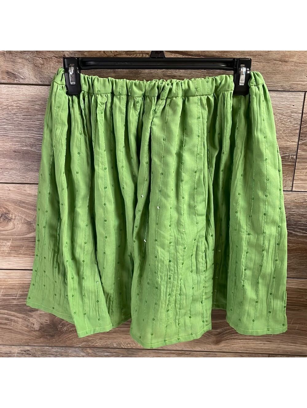 Handmade Green Sequin Stripes Full Skirt Elastic Waist Cottagecore Boho Festival